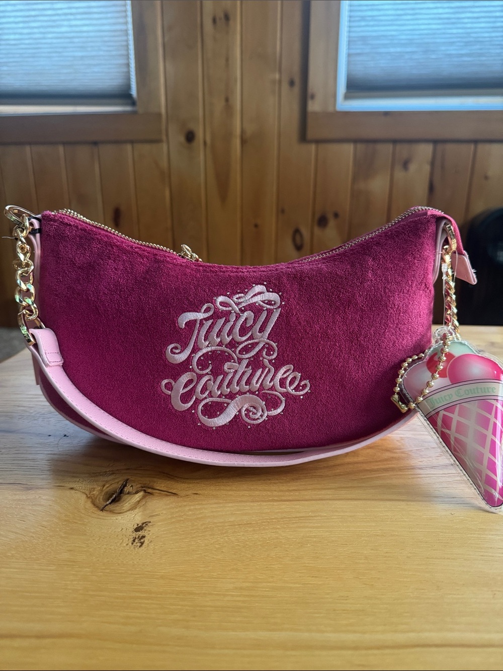 Juicy Couture Pink and Magenta Terry Cloth Shoulder Bag with Ice Cream Charm